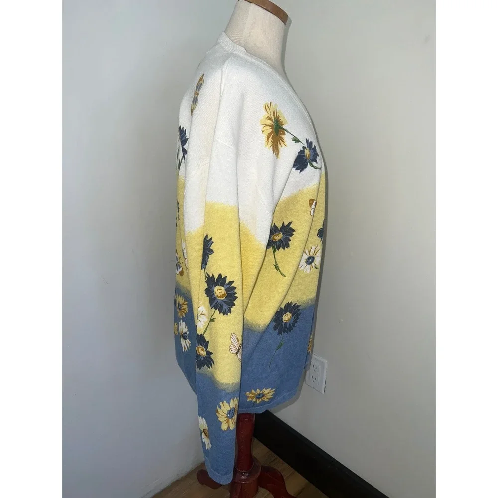 Teddi Vintage Floral Butterfly Cardigan Sweater‎ XL Blue Yellow White Cotton